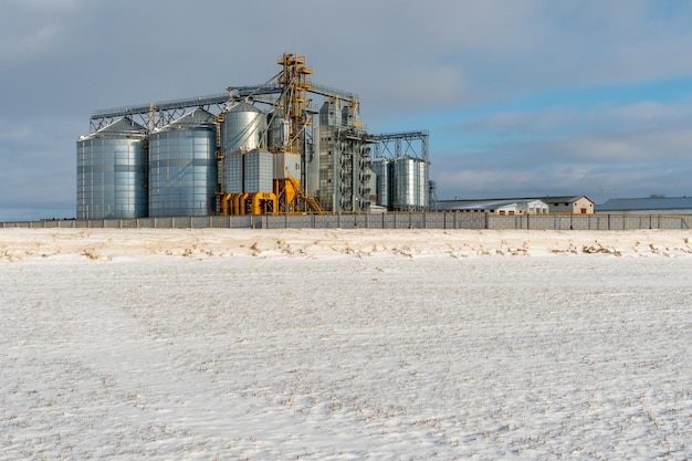 Zilveren silo's tegen de blauwe lucht in de winter Graanopslag in de winter bij lage temperaturen Een tarweveld bedekt met sneeuw de dood van een graangewas Fabriek voor verwerking van opslag van landbouwproducten