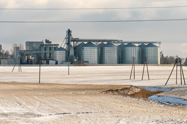 Zilveren silo's tegen de blauwe lucht in de winter Graanopslag in de winter bij lage temperaturen Productie voor verwerking droogreiniging en opslag van landbouwproducten meel granen en graan