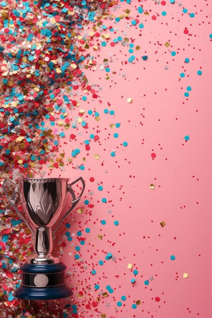 Foto zilveren trofee met blauwe basis op roze achtergrond met kleurrijke confetti