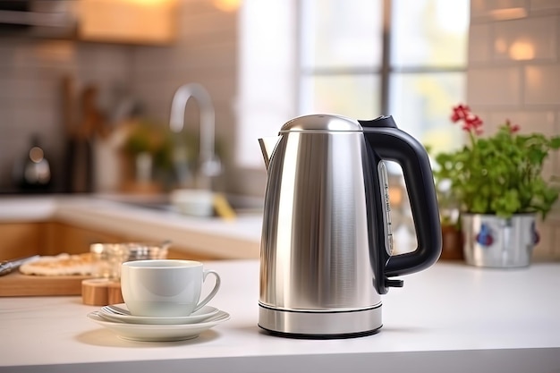 Zilveren waterkoker op keukentafel gebruikt voor het koken van water en het zetten van thee