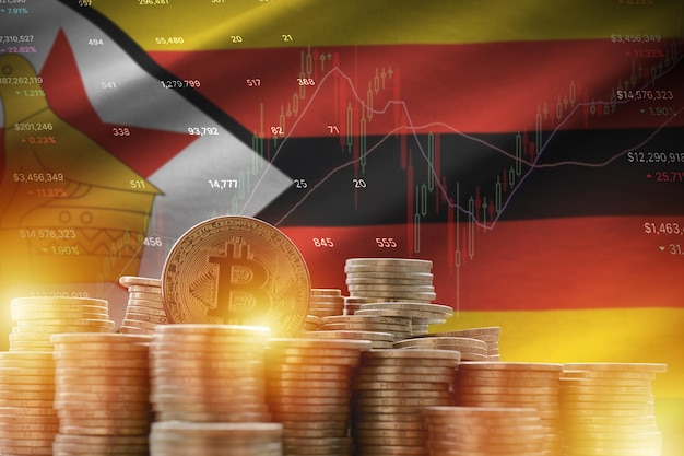Zimbabwaanse vlag en grote hoeveelheid gouden bitcoin-munten en handelsplatformgrafiek Crypto-valuta
