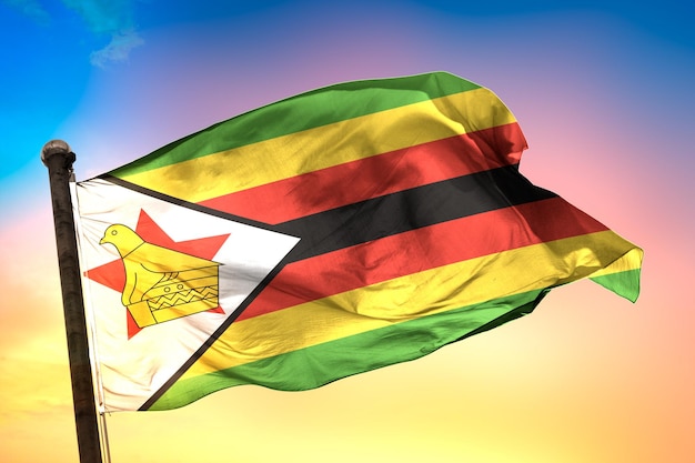 zimbabwe country flag, 3d flag, and color background.