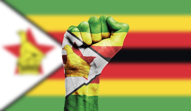 Zimbabwe flag painted on a clenched fist strength protest concept