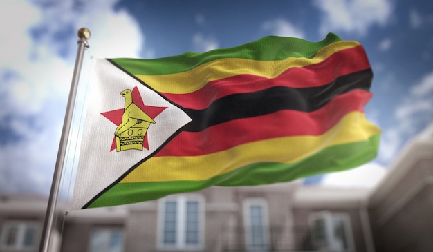 Zimbabwe Vlag 3D-rendering op de achtergrond van de blauwe hemel