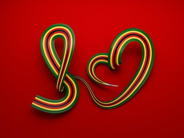 Zimbabwean flag heart shaped wavy ribbon on red 3d illustration