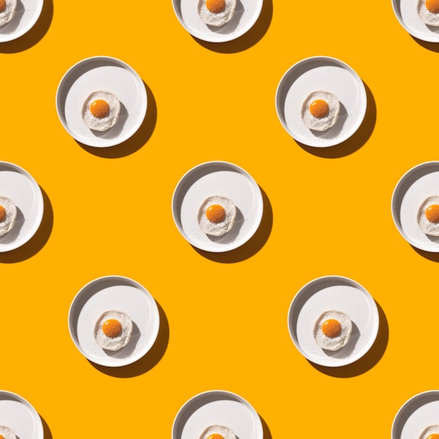 Zine styled creative round plate with fried egg on a yellow table with hard shadows