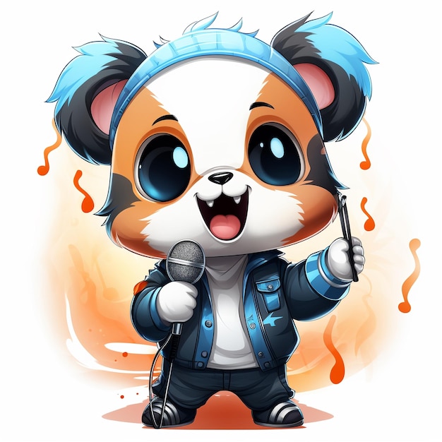 Zingende chibi panda met een microfoon vector stijl muzikale mascotte