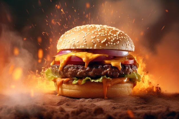 Изображение гамбургера Zinger с кинематографическим фоном с пламенем вокруг стола с сыром внутри