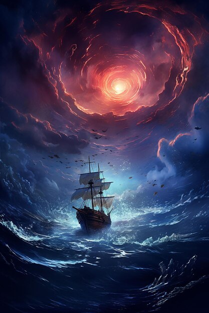 Foto zinken in de oceaan storm in de lucht schip zinken in het midden van de wervel een mystieke gloed