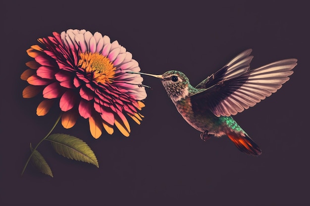 A zinnia bloom and a hummingbird hovering in midair