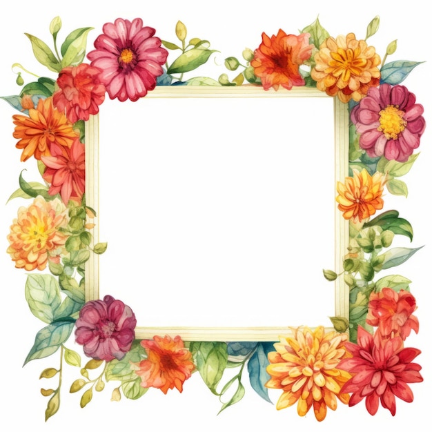 Zinnia Watercolor Frame On White Background