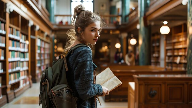 Foto zinnige jonge vrouw die in de bibliotheek staat met een boek in haar hand en wegkijkt ze draagt een blauwe trui en een rugzak