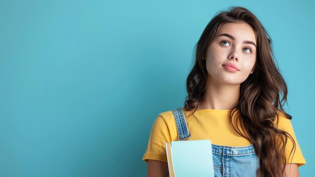 Zinnige jonge vrouw die wegkijkt met een boek in haar handen tegen een blauwe achtergrond