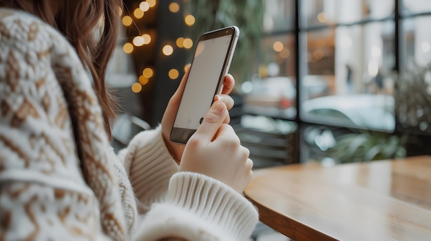 Zinnige jonge vrouw zit in een café met haar smartphone Ze draagt een knusse witte trui en heeft haar haar uitgelaten