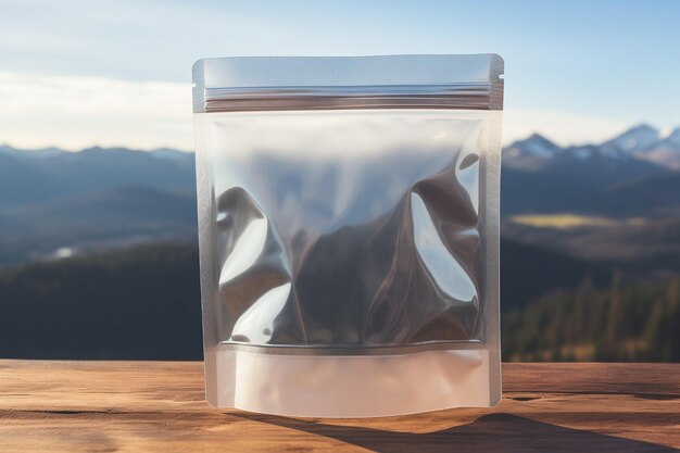 Foto modello di borsa ziplock con spazio per posizionare testo e montagne con sfondo sfocato