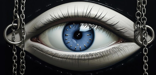 Photo zipper concept with black eye in the style of surrealistic installations