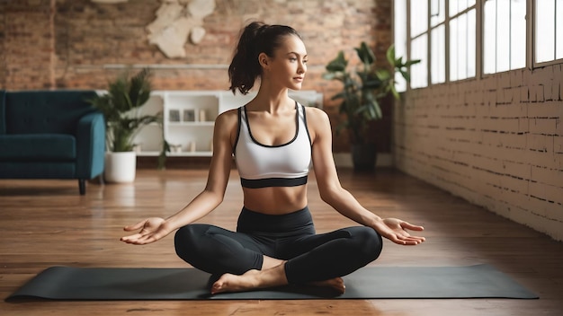 Zit op een yoga mat vrouw met sportieve slanke lichaam type in ondergoed dat is in de studio