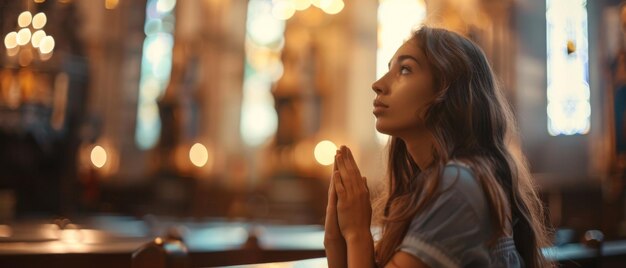 Foto zit vroom in een prachtige kerk met gevouwen handen een jonge christelijke vrouw zoekt leiding uit geloof en spiritualiteit terwijl ze bidt religieus geloof in kracht en liefde voor god zijkant