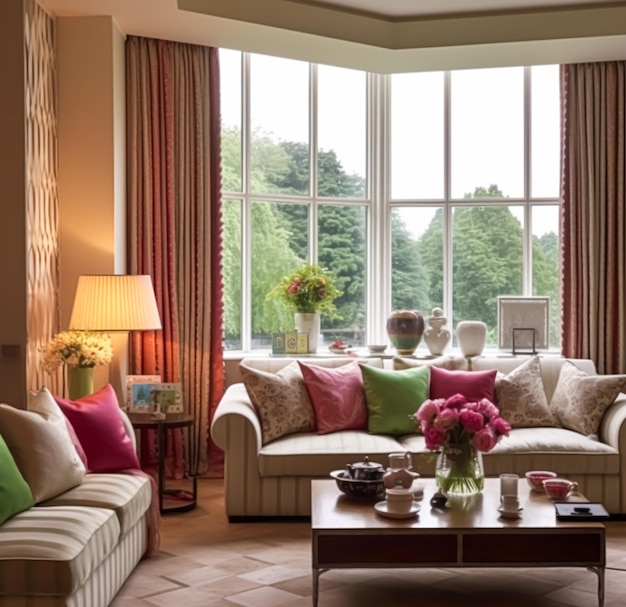 Zitkamerinrichting interieurontwerp en huisverbetering woonkamer met groot raam en roze interieuraccenten in Engels landhuis en elegante cottage-stijl generatieve ai