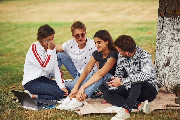 Zittend bij de boom. Groep jonge studenten in vrijetijdskleding op groen gras overdag.