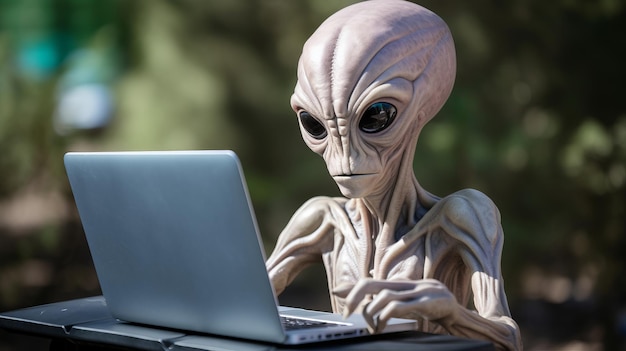 Foto zittend bij de laptop alien is buiten ander woord schepsel