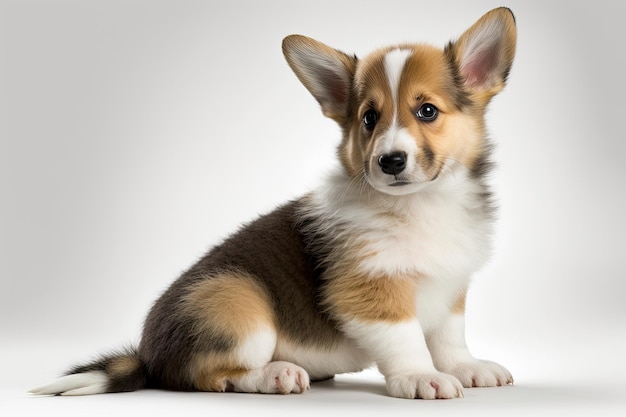 Zittend Pembroke Welsh Corgi-puppy die naar de camera kijken, valt op tegen een witte achtergrond