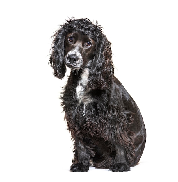 Zittende Engelse cocker spaniel hond, geïsoleerd op wit