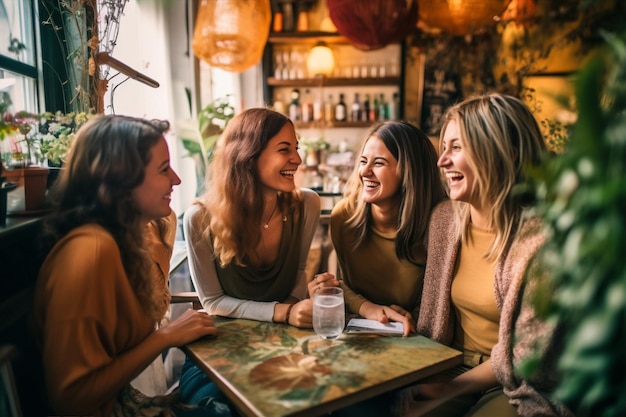 Zittende vrouw die samen lacht lachende vriendin café glimlach gelukkige groep Generatieve AI
