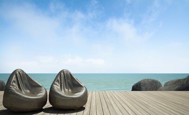 Zitzak op houten terras op zee bekijken 3D-rendering