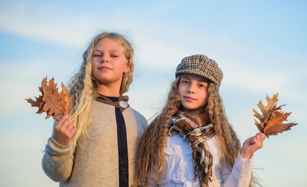 Zo mooi kapsalon concept kleine meisjes met krullend haar kinderen vrienden herfstblad stijlvolle zusters in herfst baret herfst trends kind mode kijken heldere lucht weer gelukkige jeugd