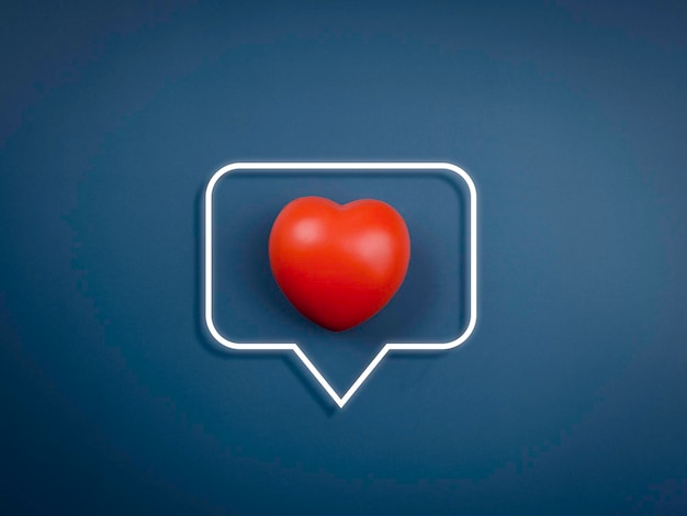 Zoals, social media icoon met rood hart bal op wit tekstballon frame geïsoleerd op blauwe achtergrond. Generieke sociale media houden van meldingen. Liefdesconcept, minimalistische stijl.