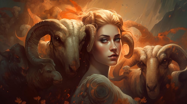 Zodiac Aries wallpaper background illustration Goat ram horoscope astrology art Generative AI