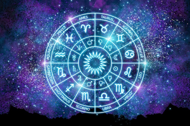 Photo zodiac circle on the background of the dark cosmos. astrology. the science of stars and planets. esoteric knowledge. ruler planets. twelve signs of the zodiac