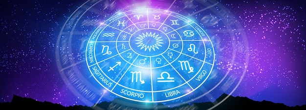 Cerchio zodiacale sullo sfondo di uno spazio spazio per la copia del banner web di astrologia