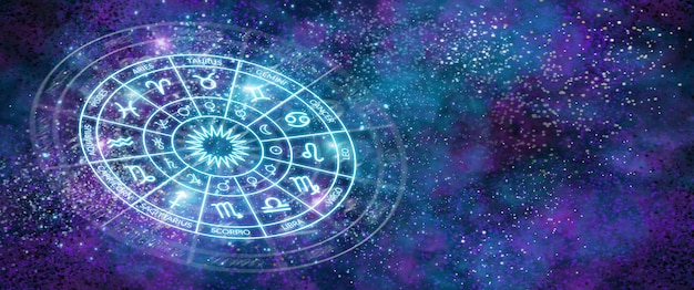 Banner del cerchio dello zodiaco sullo sfondo dello spazio oscuro astrologia la scienza delle stelle e dei pianeti conoscenza esoterica pianeti sovrani dodici segni dello zodiaco copia spazio