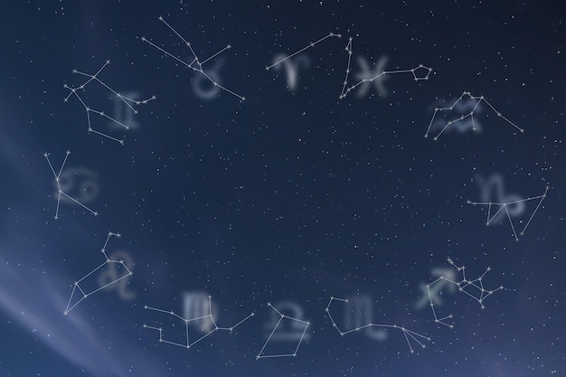 Photo zodiac constellations cancer, pisces, aquarius, capricorn, sagittarius, scorpio, libra, virgo, leo, gemini, taurus, aries. galaxy background