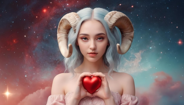 Фото Зона зодиака овен красивая женщина вселенная фон красное сердце любовный гороскоп