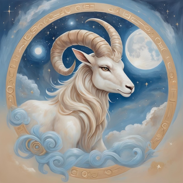 写真 占星座 カプリカルヌス 月と星を背景に描いた山羊の絵