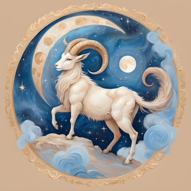 写真 占星座 カプリカルヌス 月と星を背景に描いた山羊の絵