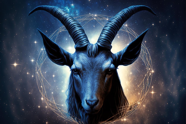 Zodiac sign of Capricorn head of goat with magic light in space generative AI