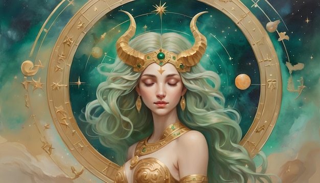 Photo zodiac sign capricorn a painting of a woman with a green hair and a gold crown