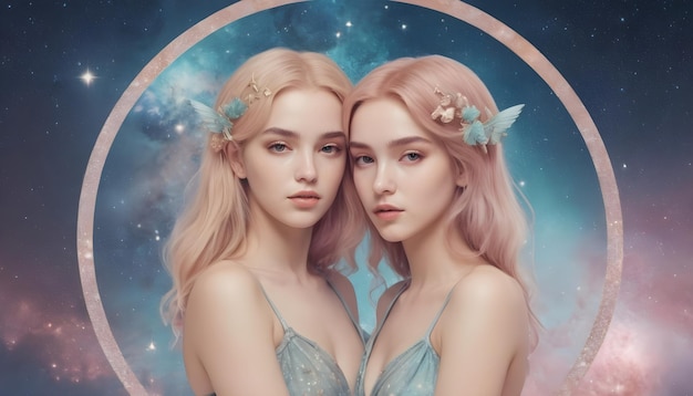 Zodiac sign Gemini Two beautiful women The background of the universe