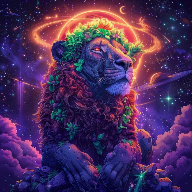 Photo zodiac sign leo shown as a lion with a mane of neon orange against a dark celestial backdrop