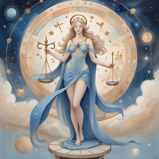 별자리 표지자리 Libra 달과 별을 가진 여자의 그림