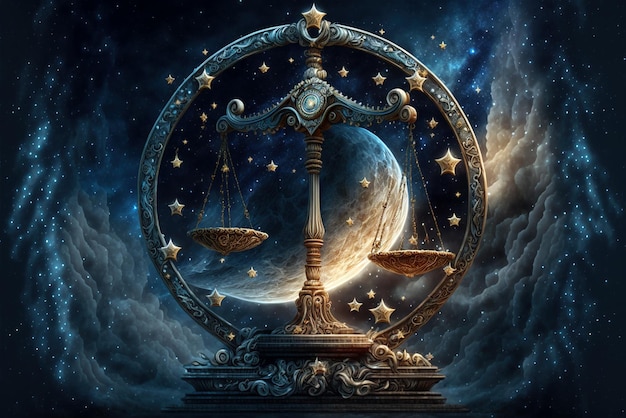 Zodiac sign of Libra scales with magic light and stars in space generative AI