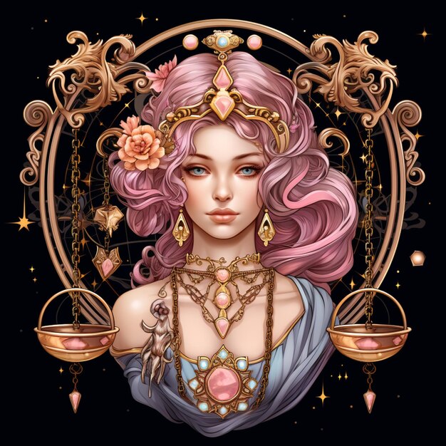 zodiac sign of libra with a beautiful woman with pink hair and a gold necklace generative ai