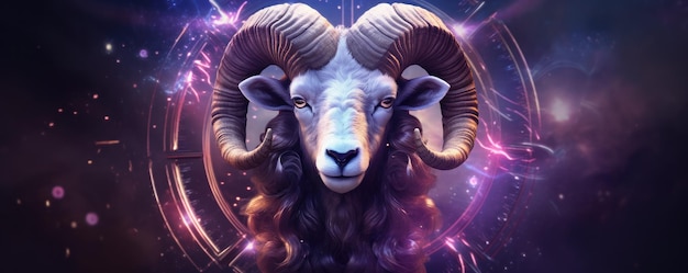 写真 スターホイールホロスコープパノラマの魔法の光を持つ牡羊座の頭の星座ジェネレーティブai