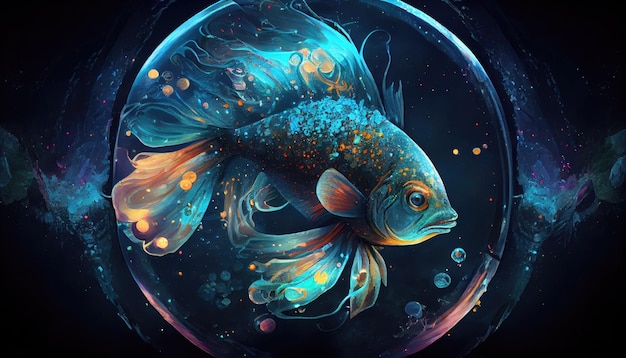 Zodiac sign of Pisces fantasy fish with magic light in space with Generative AI Technology