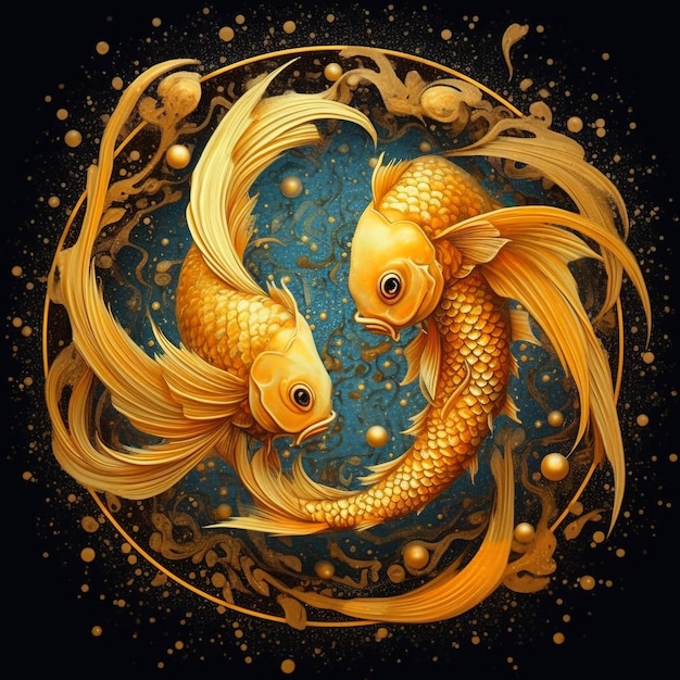 Zodiac sign of Pisces fantasy gold fish on sky background generative AI