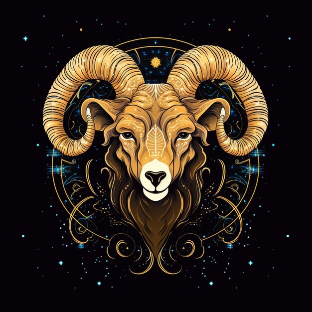 Photo zodiac sign of ram with golden decoration on black background generative ai